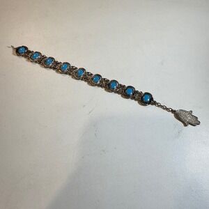 Vintage Style Turquoise Color Stones Bracelet With Hamsa Hand‎ Charm Silver Tone